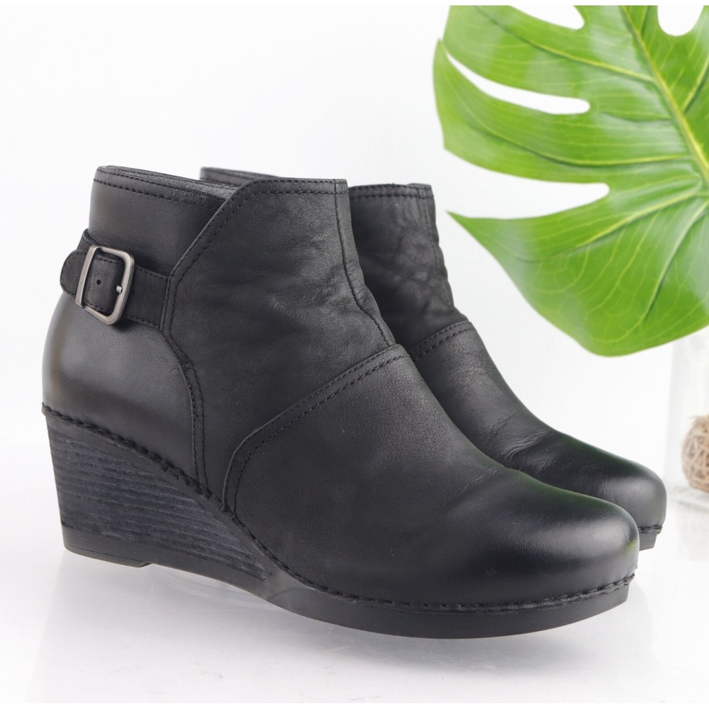 Dansko Womens Shirley Boots Size 42 11.5 Black Leather Comfort Bootie Wedge Heel